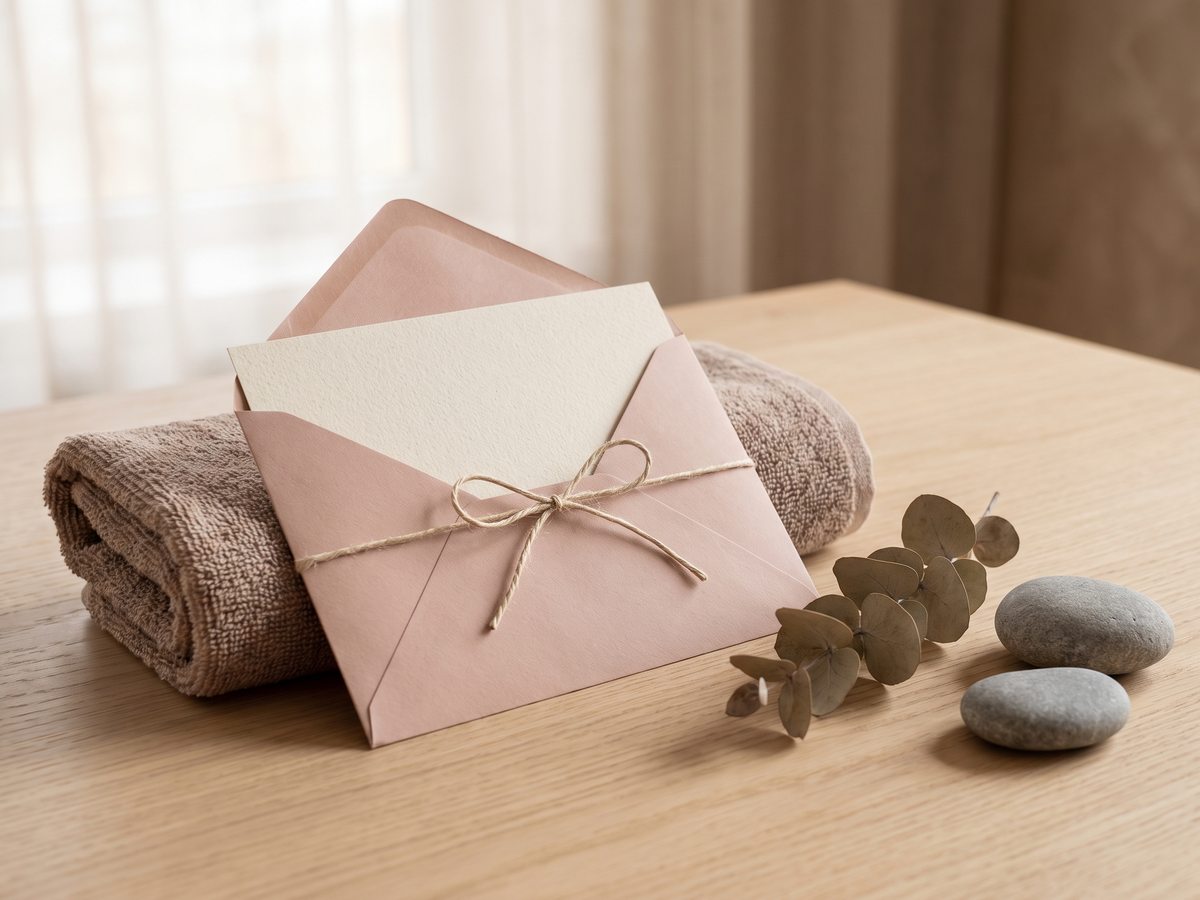 A gift card in a blush pink envelope tied with twine, beside a folded towel, eucalyptus and two massage stones